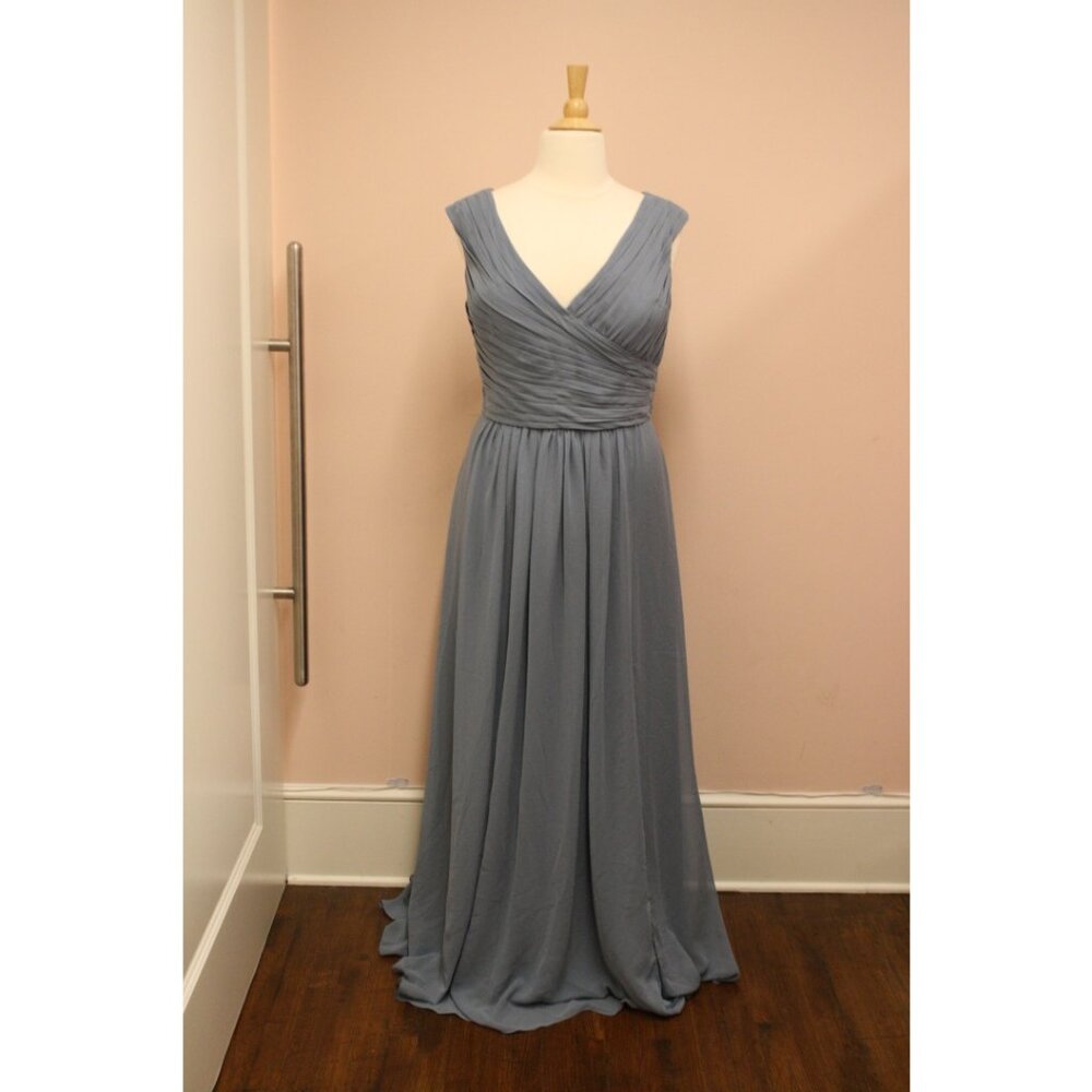 Long Chiffon Bridesmaid Dress with Slit. Slate Blue. Size 22